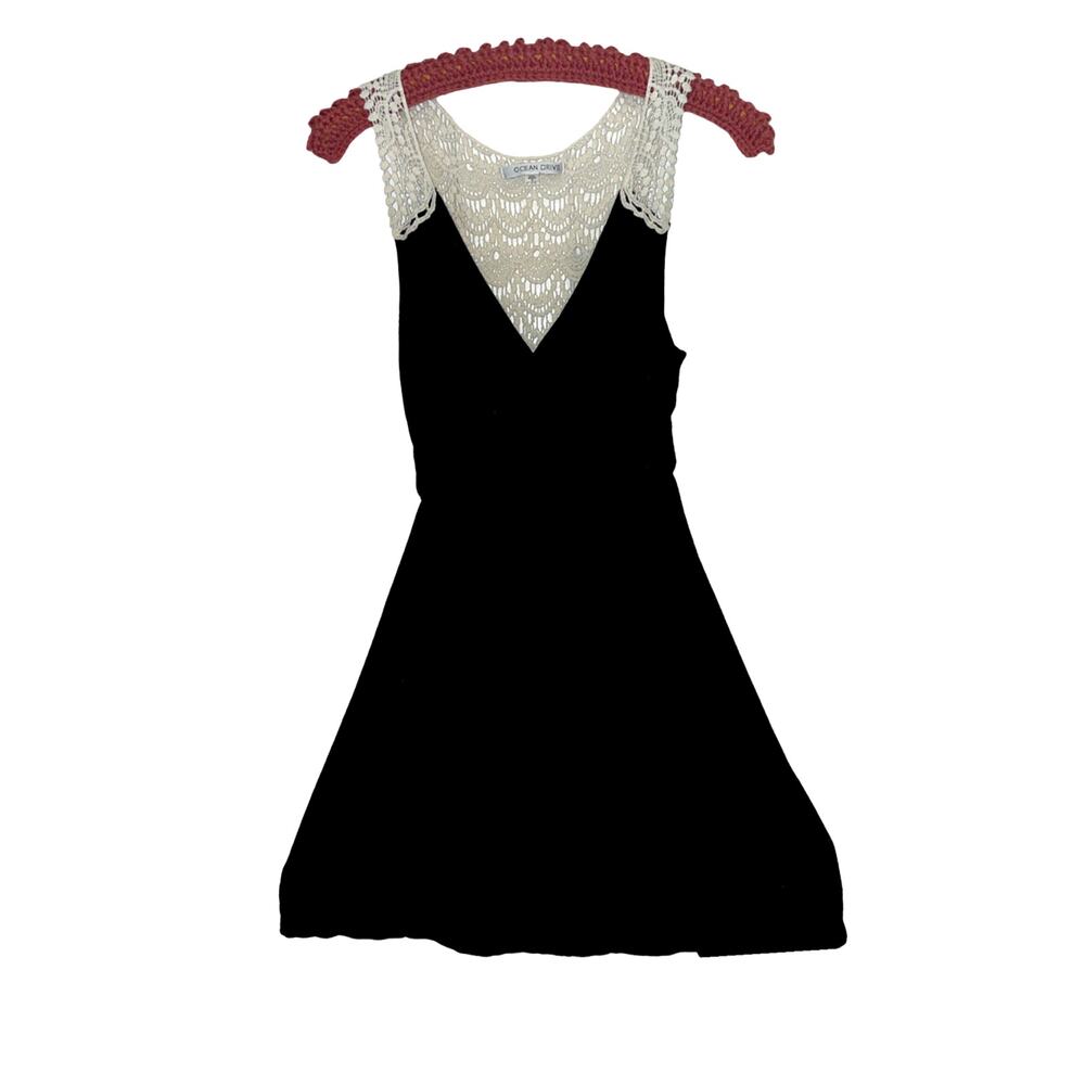 Ocean Drive Black Empire Waist Mini Dress Embroidered Panel Medium